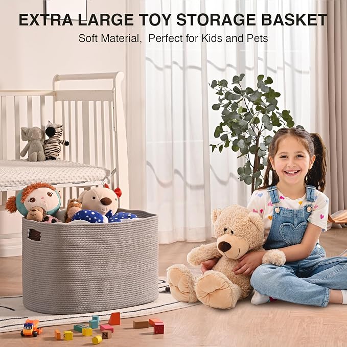 ICERZCZ Large Grey Storage Basket, Blanket Baskets for Living Room, Large Toy Basket for Storage, Woven Cotton Rope Baskets for Blankets, Clothes, Shoes, Books, Grey, 25”x16”x16” (105L)