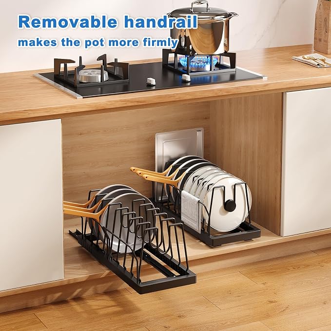 Mustorn 2 Pack Pots and Pans Organizer Under Cabinet, 21.6" Deep Pull Out Pot Lid Organizer Holder with Guardrail Adhesive Pot and Pan Holder Rack with 10 Adjustable Dividers(Black)
