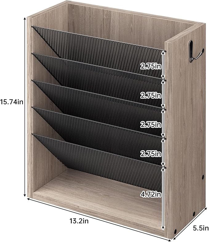 Mail Organizer Wall Mounted, 6-Slot Hanging File Organizer with Key Holder | Mail Sorter, Wood Letter Holder for Envelopes Bills Magazine Folders Papers Accessories for Home Office, Greige