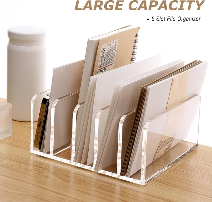 SANRUI 5 Slot Acrylic Mail Sorter Holder, Clear Letter File Desk Organizer | Document Magazine Envelope File Rack, Vertical Letter Sorter & Multifunction Desk Organizer for Bills, Documents, Notebooks