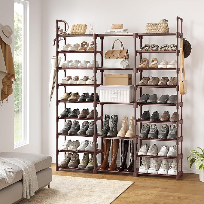 WOWLIVE 9 Tier 3-Column Shoe Rack, 50-55 Pairs Stackable Brown | 50in long for larger entryways. Removable shelves fit tall boots. Split into multiple units for garage/closet.
