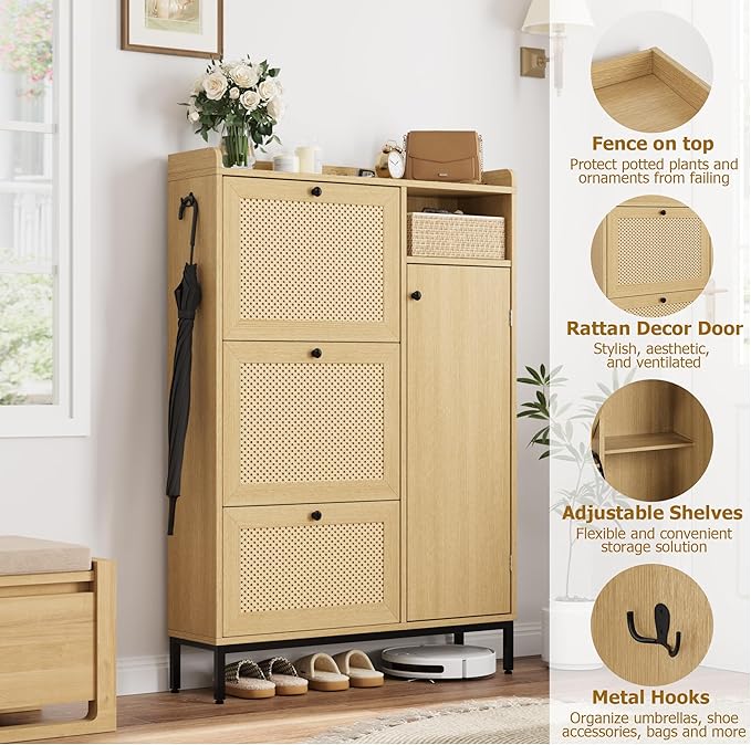Garvee Shoe Cabinet with 3 Flip Drawers and 4-Tier Shoe Storage Cabinet, Freestanding Shoe Organizer with Adjustable Shelf and Rattan Doors for Entryway, Closet, Hallway