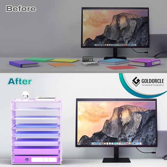8 Tier Paper Letter Tray Organizer with Handles for Desk (Purple) | Mesh Desk File Holder Storage Organization for Home School Classroom & Office