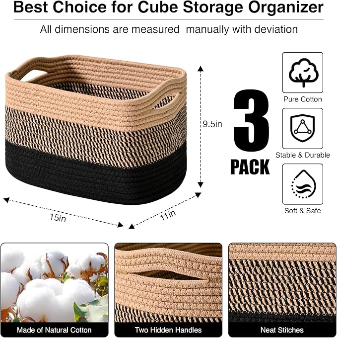 ICERZCZ Storage Baskets for Organizing Shelves, Decorative Baskets for Storage, Woven Cotton Rope Basket for Living Room Bedroom Nursery, 15"x11"x9.5", 3 Packs, Gradient Black & Jute