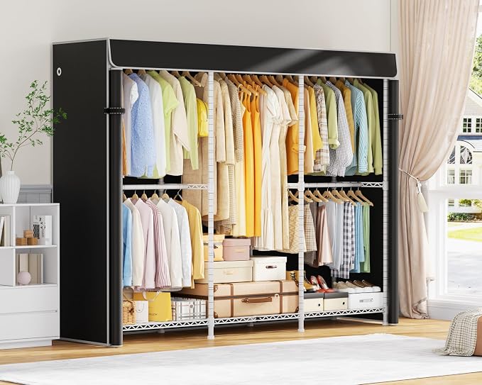 E14C Pro Heavy Duty Closet Organizer System，Freestanding Clothing Racks for Hanging Clothes，Adjustable Garment Rack 69" W × 16" D × 77" H Hold 960 lbs，White Rack with Black Dustproof Cover