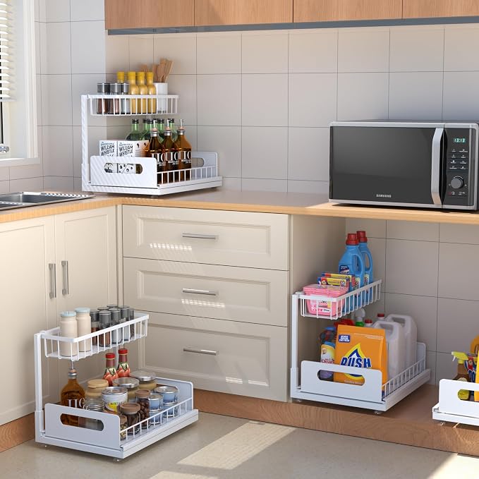 Under Sink Organizer, 2-Tier Pull-Out Metal Drawer, 2 Pack | White metal 2-pack with lower pull-out drawers and fixed upper baskets for kitchen, bathroom and cabinet storage