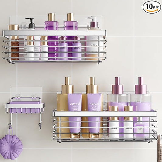 Shower Caddy Adhesive 3 Pack Stainless Steel Storage Organizers-Silver | No drilling wall mounted,rust-resistant,large capacity,quick drainage,easy to clean,suitable for bathrooms and kitchens