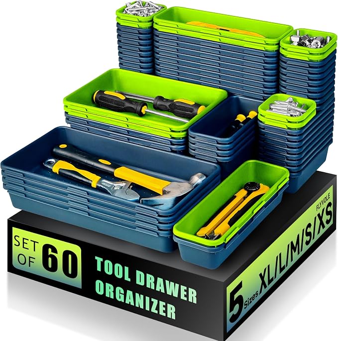 Tool Box Organizer Tray, 60 PCS & 5 Sizes, Blue and Green | High Quality ABS Plastic, Interlocking Desk Drawer Organizer, Tool Chest Organizer for Workshop Garage Office Kitchen