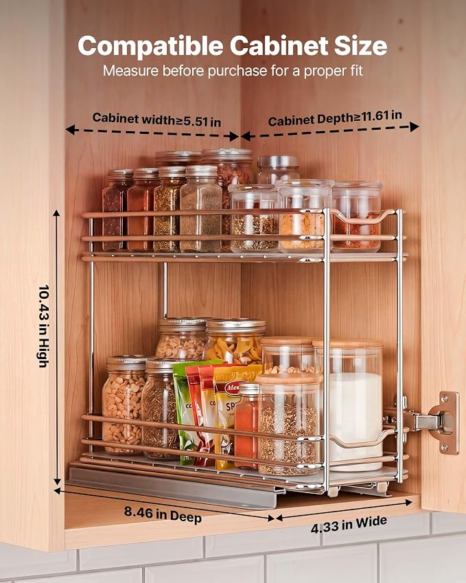 VEVOR Pull Out Spice Rack Organizer for Cabinet, 2 Tier Slide Out Spice Rack Organizer, Heavy Duty Metal Seasoning Kitchen Basket for Inside Cabinets & Pantry Closet, 4.33"W x 8.46"D x 10.43"H, Silver