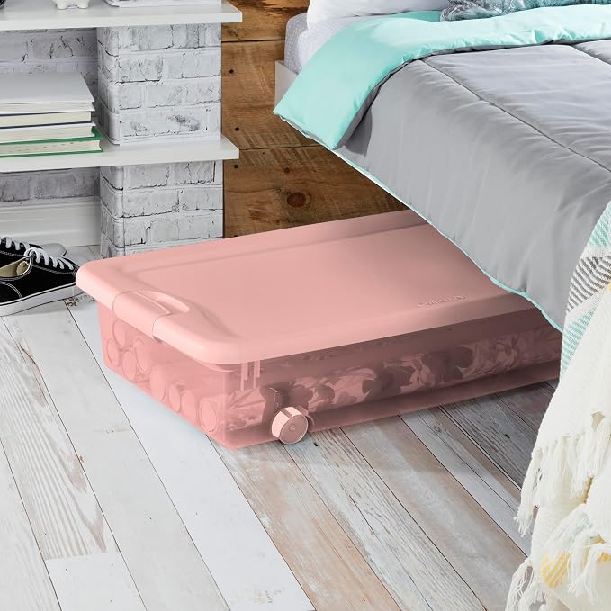 Sterilite 8 Pack Wheeled Under Bed Storage Container, 56 Qt Plastic Bin w/Latching Lid for Organization - Clothes & Shoes Organizer, Pearl Blush Tint
