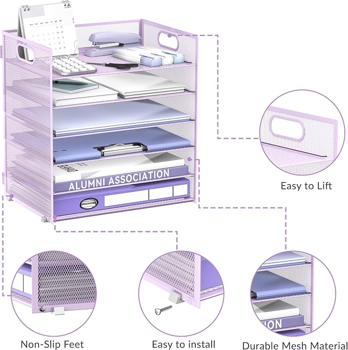Daltack 6-Tier Paper Organizer for Desk with Handle, Purple, 2 Pack | Sturdy Metal Mesh Organizer with Movable Middle Trays and a Carry Handle for Papers, Folders and Office Supplies