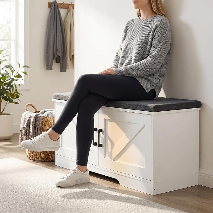 HOMSHO Farmhouse Shoe Storage Bench with 2 Barn Doors & Padded Seat Cushion | 39.4" Wide Entryway Bench with Adjustable Shelves & Hidden Storage, White