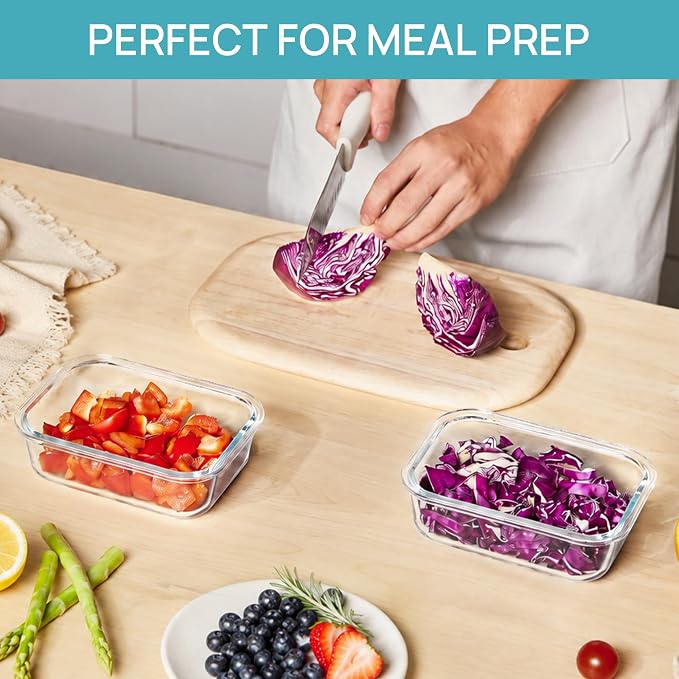 Vtopmart 2Pack 22oz Glass Storage Containers with Lids | Glass Meal Prep Food Container Sets, Snap Airtight Lid, For Microwave, Oven, Freezer and Dishwasher Safe, BPA Free