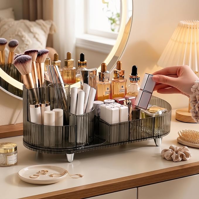 Booklov Rotating Makeup Organizer for Vanity Countertop, Smoke | Clear Acrylic Cosmetic Display Case, Large Beauty Brush Holder for Bathroom Counter, Skincare Lipsticks Storage
