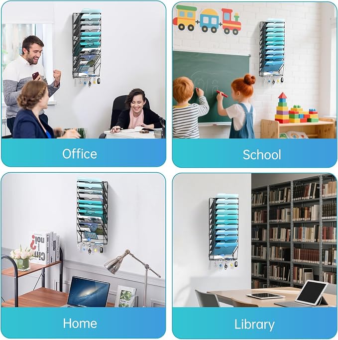 11 Tier Wall File Organizer - Hanging File Organizer with 5 Hooks, Mail Holder Wall Mounted for Papers, Folders, Magazines, Bills, Office&School Organization, Black