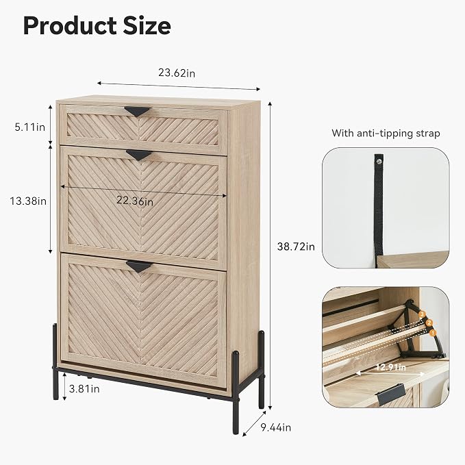 Shoe Cabinet with 2 Flip Drawers, Narrow Entryway Rack, Oak | Slanted Wood Grain, Freestanding, Adjustable Compartments, Removable Middle Shelf, Metal Handles, for Hallway Foyer Entrance