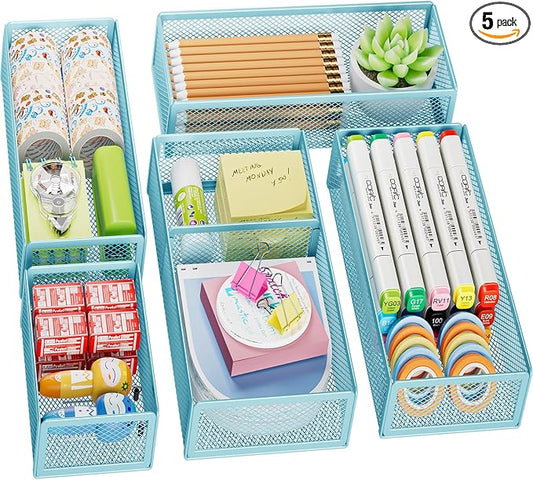 Marbrasse 5 Pack Desk Drawer Organizer Set, Mesh Drawer Storage Trays with 1 Adjustable Divider, Desk Organizers and Accessories, 5 PCS Drawer for Office Supplies, Makeup & Vanity (Blue)
