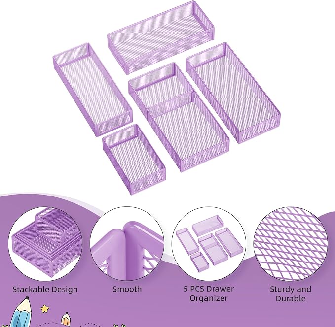 Marbrasse 5 Pack Desk Drawer Organizer Set, Mesh Drawer Storage Trays with 1 Adjustable Divider, Desk Organizers and Accessories, 5 PCS Drawer for Office Supplies, Makeup & Vanity (Purple)