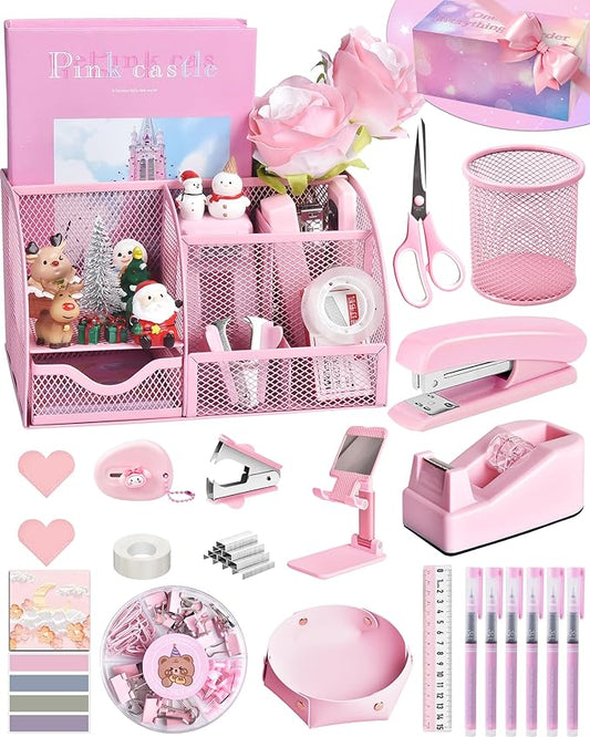 Pink Desk Accessories, 24Pcs Pink Office Supplies and Desk Organizers, with Tape Dispenser, Stapler, Staple Remover, Ect, Gift Box Packaging