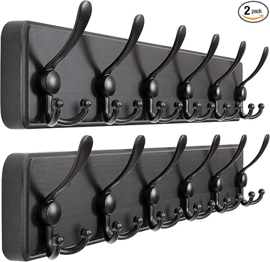 Coat Rack Wall Mounted - 24" Long 6 Tri Hooks, Heavy Duty Wooden Wall Coat Hanger Coat Hook for Clothes Hat Jacket Clothing, Black, Pack of 2