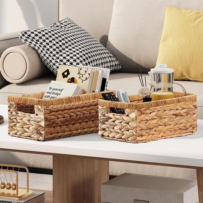 Wicker Storage Basket, Set of 2 Hand-Woven Water Hyacinth Wicker Baskets for Organizing Decor Storage Bins for Counter Shelves Pantry Basket Small Toilet Paper Basket for Toilet Tank Top