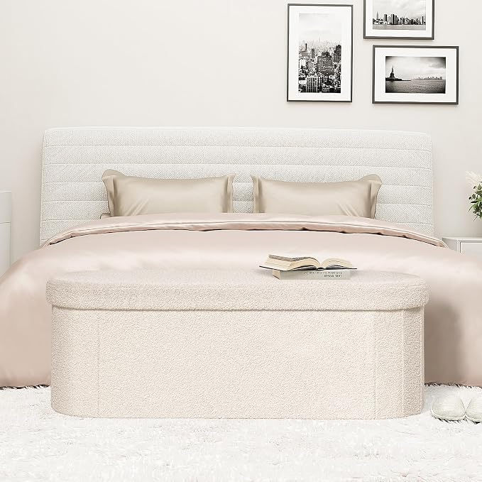 PINPLUS Storage Ottoman Bench Tufted Oval Ottomans Bench Foot Rest, Chest Box Velvet Bench with Storage, 43"x15"x15" (White)