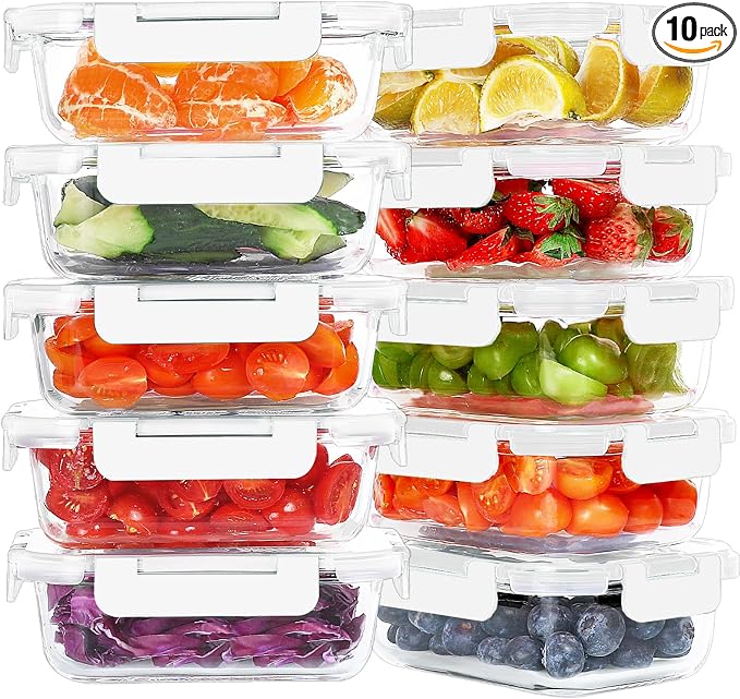 10 Packs 22 oz Glass Meal Prep Containers with Lids, White | Glass Food Storage Containers with Snap Locking Lids, Airtight Lunch Boxes, BPA-Free, Microwave, Oven and Freezer Safe
