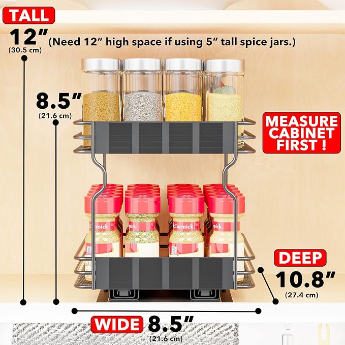 SpaceAid Pull Out Spice Rack Organizer for Cabinet, Heavy Duty Slide Out Seasoning Kitchen Organizer, Cabinet Organizer, with Labels, 8.5" W x10.75 D x8.5 H, 1 Drawer 2-Tier
