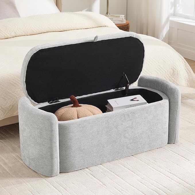 Oval Ottoman Bench with 20 Gal of Storage Space Upholstered Chenille Seat End of Bed Storage Bench Storage Ottoman with Storage for Bedroom, Living Room, Entryway, Window (Light Gray)