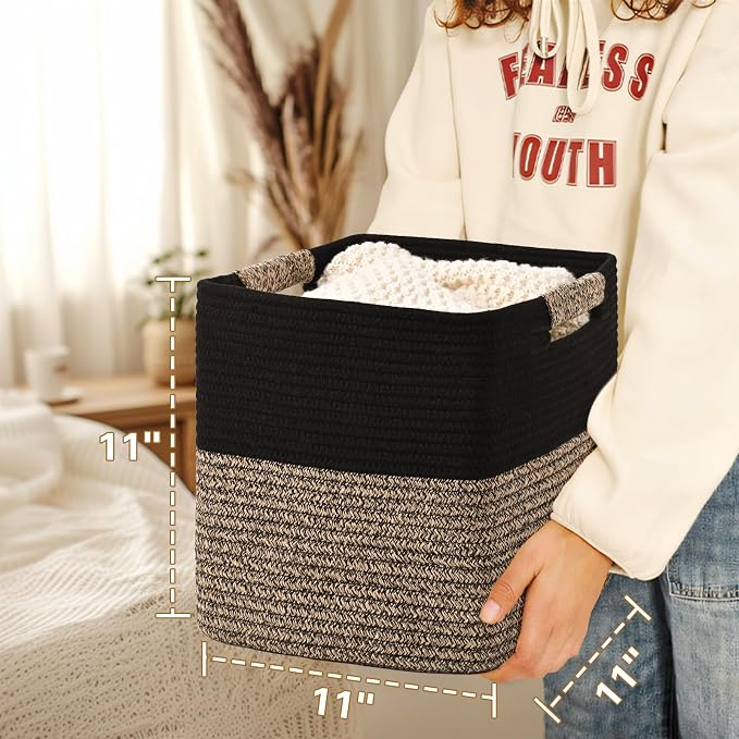 11 Inch Storage Cubes, 3 Pack Cube Storage Bins for Organizing, Cotton Rope Woven Baskets for Shelves, Bathroom, Kids Room, Closets, Baby Nursery