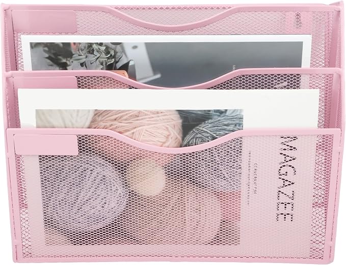 EASEPRES 3 Pocket Mesh Hanging Wall File Organizer, Wall Mounted Mail Paper Document Folder Holder, Clipboard Storage Organization Magazine Rack with Nametag Label for Office Home School, Pink