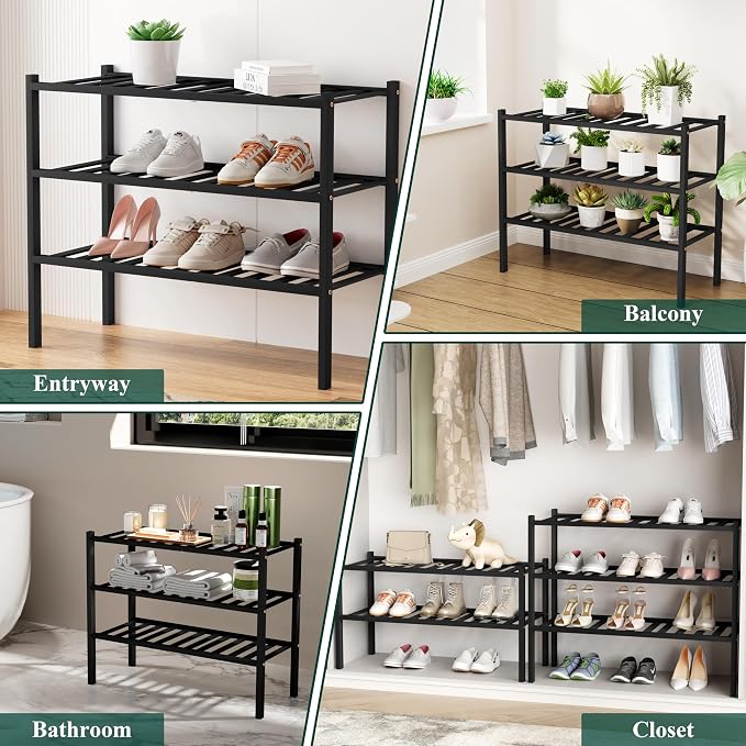 Smiry Bamboo Shoe Rack, 12 Vertical Slats, 5 Tier - 17.3" Wide, Black | Stackable Free Standing Wooden Shoe Organizer, Wood Shoe Storage Shelf for Closet, Entryway