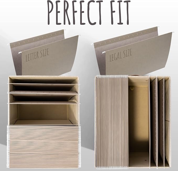 Decorative File Organizer Box Set of 2 - Collapsible Linen Filing Cabinets | Stores Documents and Hanging File Folders - Portable Office Crates with Lid and Handles for Easy Slide Access