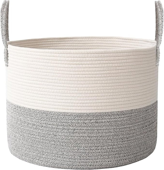 JMvicyroam 65L Extra Large Machine Washable Cotton Rope Blanket Basket | Collapsible laundry hamper, Reinforced handles, For blankets, pillows, toys and clothes, Living room and bedroom, White&Grey