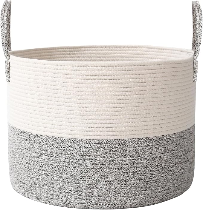 JMvicyroam 115L Extra Large Machine Washable Cotton Rope Blanket Basket | Collapsible laundry hamper, Reinforced handles, For blankets, pillows, toys and clothes, Living room and bedroom, White&Grey