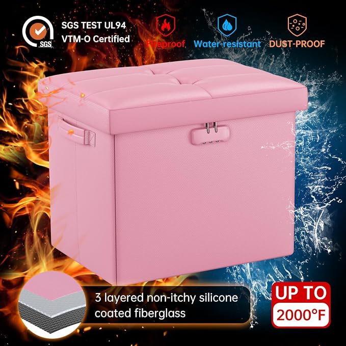 DocSafe Storage Ottoman Foot Rest Stool with Lock ＆ Handles, Fireproof Folding Leather Footstool Bench with Storage Safe for Living Room Bedroom, Home Office, Dorm, 17x13x13in, Pink