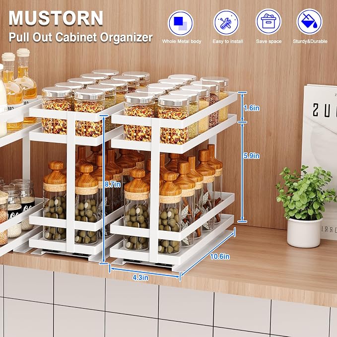 Mustorn 2 Pack Pull Out Spice Rack Organizer for Cabinet, 2 Tier Metal Slide Out Seasoning Organizer and Storage Heavy Duty Vertical Spice Rack Shelf Pullout for Kitchen Cabinets No Drilling (White)