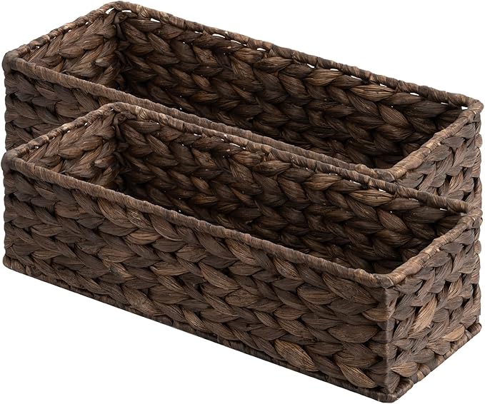 StorageWorks Small Toilet Paper Basket, Bathroom Basket Organizer, Brown | Water Hyacinth Wicker Baskets for Bathroom Decor, Back of Toilet Baskets, Small Narrow Tank Trays for Tank Topper, 2 Pack