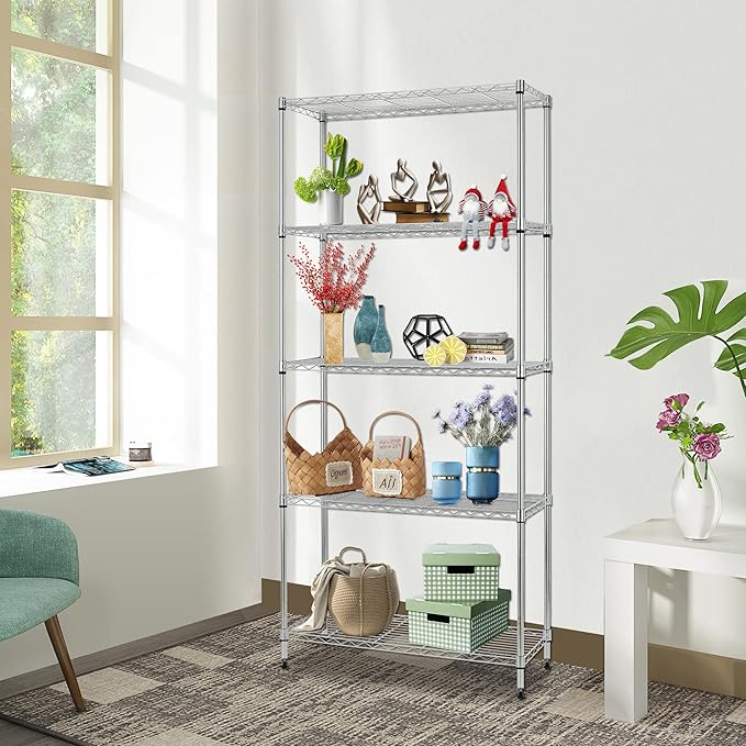 FDW | 5-Tier Wire Shelf | 24" x 14" x 60" | Chrome | Storage Shelves with Adjustable Racks, Holds upto 750 lbs | Rust-Resistant, No-Tool Assembly | For Home, Garage