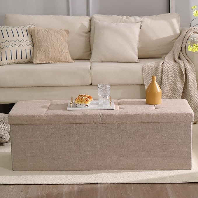 45.3 Inches Storage Ottoman Bench Foldable Seat Footrest Shoe Bench End of Bed Storage with Flipping Lid, 166L Storage Space, Linen Fabric Sandy Beige