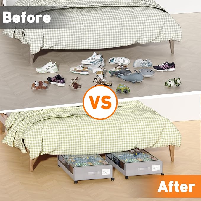 Under Bed Storage with Wheels, 2 Pack Under Bed Storage Containers with Clear Lids, XXL 65L Under Bed Storage Organizer, Rolling Under Bed Metal Drawer for Blanket, Clothes, Shoes (31 x 17 x 6.69 in)