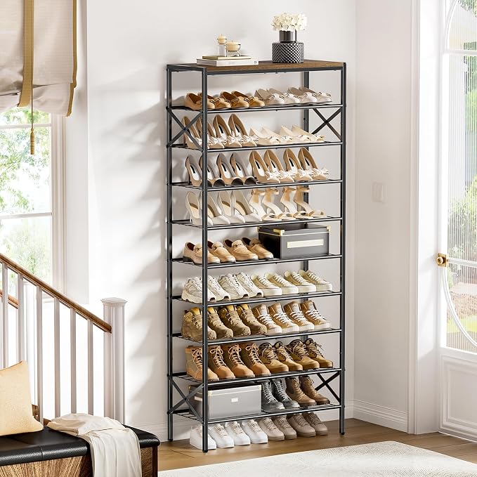 10 Tier Metal Shoe Rack with Wood Top, 30-40 Pairs Rustic Brown | 65.4in tall for max capacity. 3 iron sheets secure heels. Removable shelf for boots. Top displays decor.