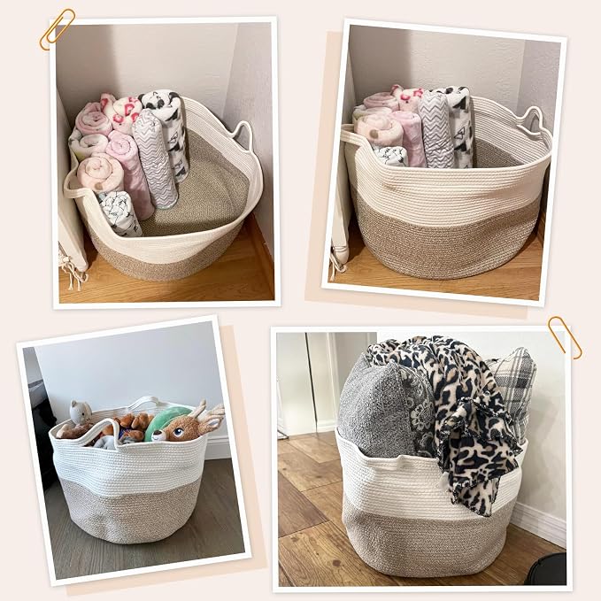 INDRESSME XXXLarge Woven Rope Blanket Basket Living Room Light Brown, 90L | 21.7" x 13.8" Storage baskets for toys laundry & pillows. Fits living room, bedroom or nursery décor. Soft-touch with handles