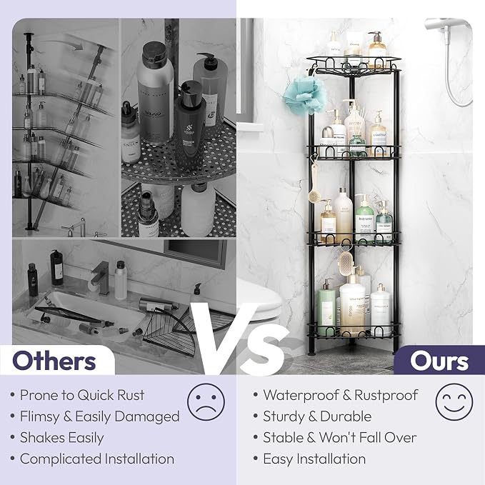 SWTYMIKI Standing Shower Caddy Corner - 4‑Tier Stainless Steel Shower Organizer Shelf with 16 Hooks and Adhesive Pads, Rustproof Corner Shelves Stand Rack for Bathroom Shower Room, Black