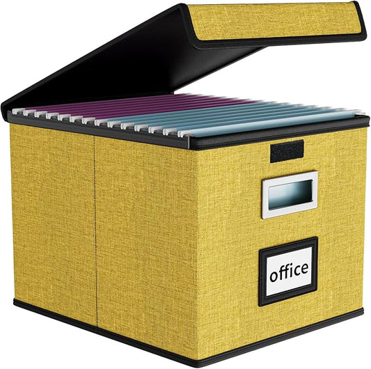 File Organizer Box with Lids, Collapsible File Folder Organizer | File Box with Plastic Slides for Office Document Storage, Filing Bin for Letter Size Hanging File Folders (1 Pack, Yellow)