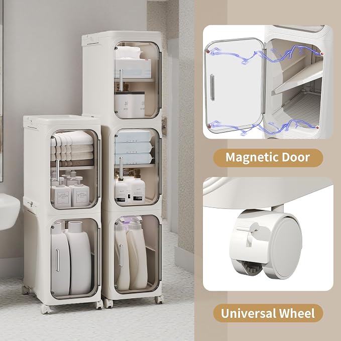 3-Tier Slim Bathroom Narrow Storage Cabinet with Wheels, White | Tool Free Assembly, Adjustable Shelves, Fits for Narrow Spaces, Reinforced Stability, Magnetic Clear Door