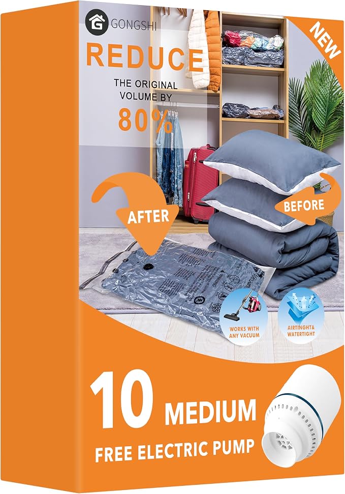 GONGSHI Vacuum Seal Bags for Clothing Travel & Home Storage, Travel Vacuum Bags with Electric Pump,Space Saver for Blankets, Comforters, Pillows, Clothes,10 Medium