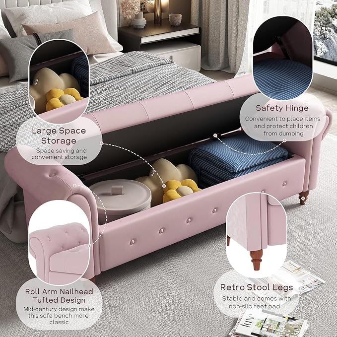 NIOIIKIT 63'' Storage Ottoman Bench, Tufted Entryway Bench Pink Velvet | Button Tufted End of Bed, Large Storage Space, Rolled Armed Ottoman Couch Long Bench for Bedroom, Living Room, Hallway