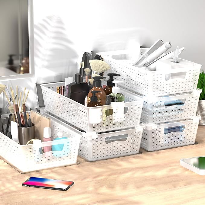 Simple Houseware Stackable Plastic Woven Basket Organizer, 6 Pack, Clear | 14.5" D x 8.5" W x 3.5" H