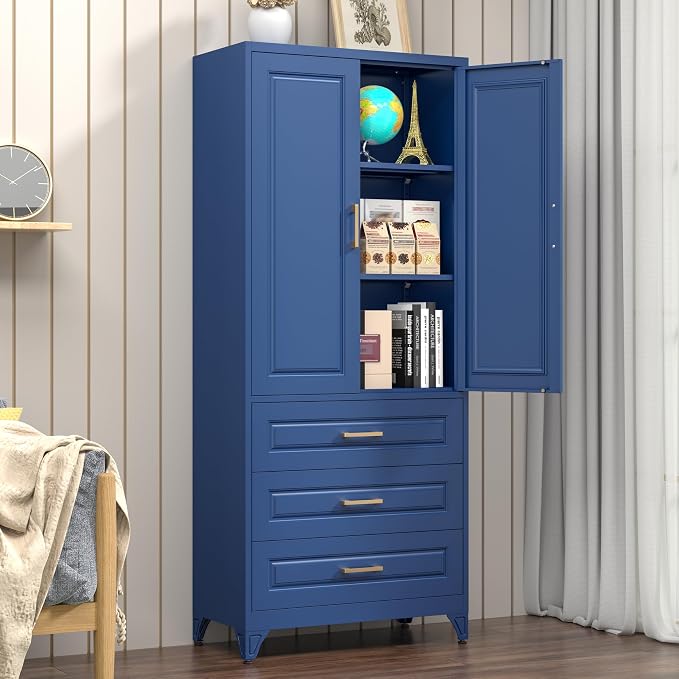 Polup 75" Metal Storage Cabinet, Kitchen Pantry Cabinet with 3 Drawers | Heavy-Duty Blue Tall Cabint with 2 Doors and 3 Adjustable Shelves, Magnetic Latch, Gold Handles, for Dining Living Room